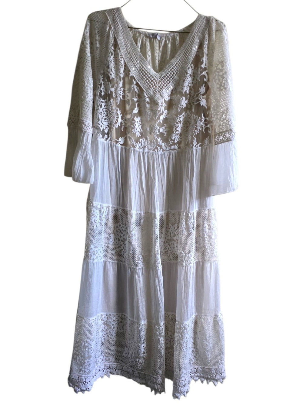 Vintage-Style Italian Lace Tiered Boho Midi Dress Paired With Nude Primark Dress